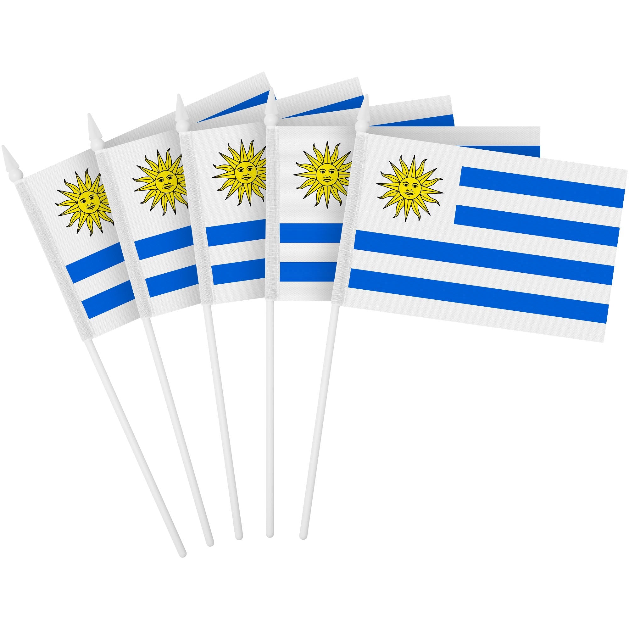 G128 50 Pack Handheld Uruguay Uruguayan Stick Flags | 4x6 In | Printed 150D Polyester, Country Flag, Solid Plastic Stick, Spear White Tip