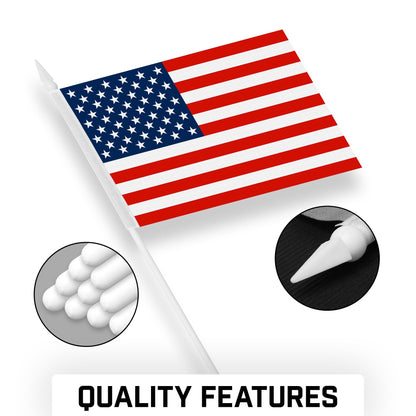 G128 50 Pack Handheld American USA Stick Flags | 4x6 In | Printed 150D Polyester, Counrty Flag, Solid Plastic Stick, Spear White Tip, Great for Patriotic Decorations