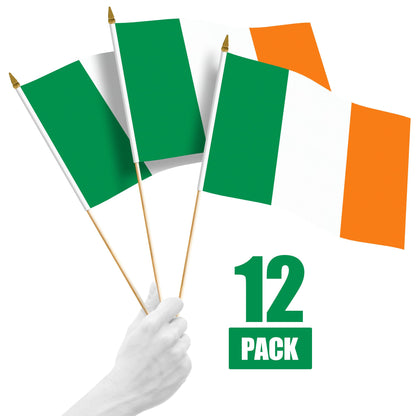 G128 12 Pack Handheld Ireland Irish Stick Flags | 12x18 In | Printed 150D Polyester, Country Flag, Solid Wooden Stick, Spear Gold Tip