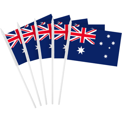G128 50 Pack Handheld Australia Australian Stick Flags | 4x6 In | Printed 150D Polyester, Country Flag, Solid Plastic Stick, Spear White Tip