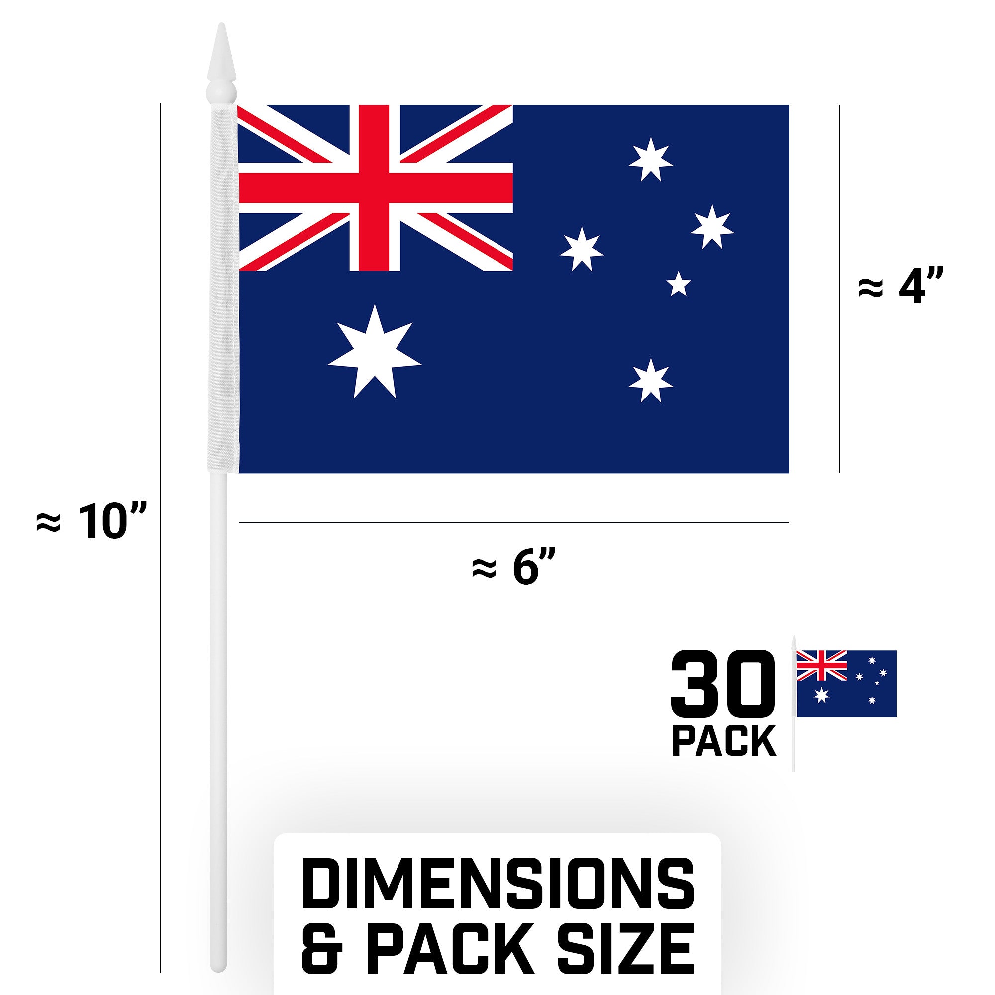 30 Pack Handheld Australia Australian Stick Flags | 4x6 In | Printed 150D Polyester, Country Flag, Solid Plastic Stick, Spear White Tip