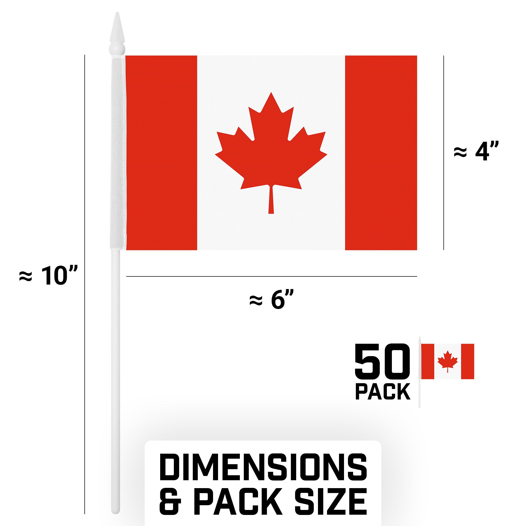 G128 50 Pack Handheld Canada Canadian Stick Flags | 4x6 In | Printed 150D Polyester, Country Flag, Solid Plastic Stick, Spear White Tip