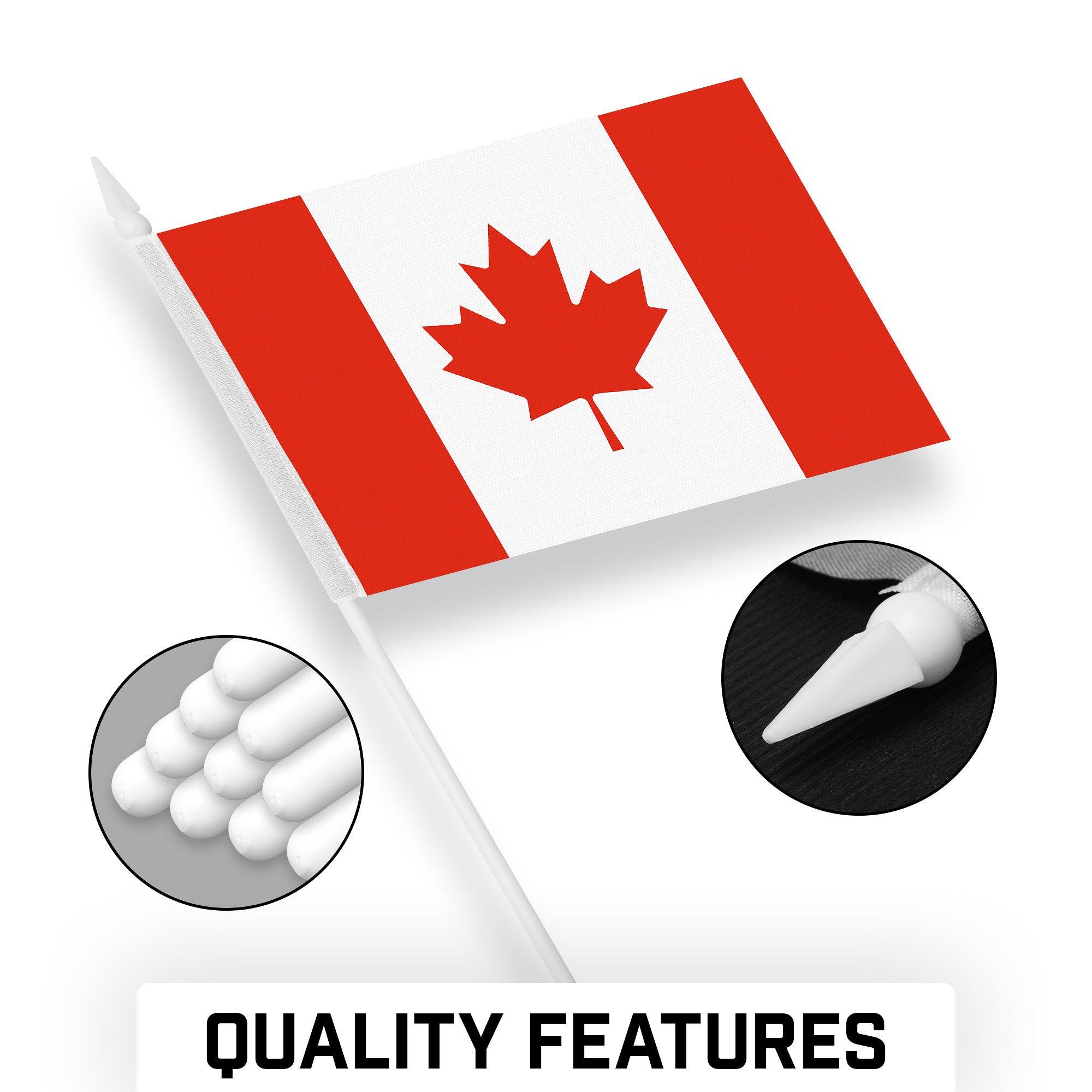 G128 12 Pack Handheld Canada Canadian Stick Flags | 4x6 In | Printed 150D Polyester, Country Flag, Solid Plastic Stick, Spear White Tip