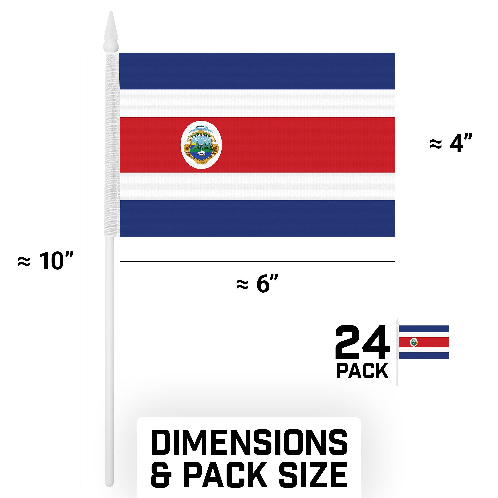 G128 24 Pack Handheld Costa Rica Costa Rican Stick Flags | 4x6 In | Printed 150D Polyester, Country Flag, Solid Plastic Stick, Spear White Tip