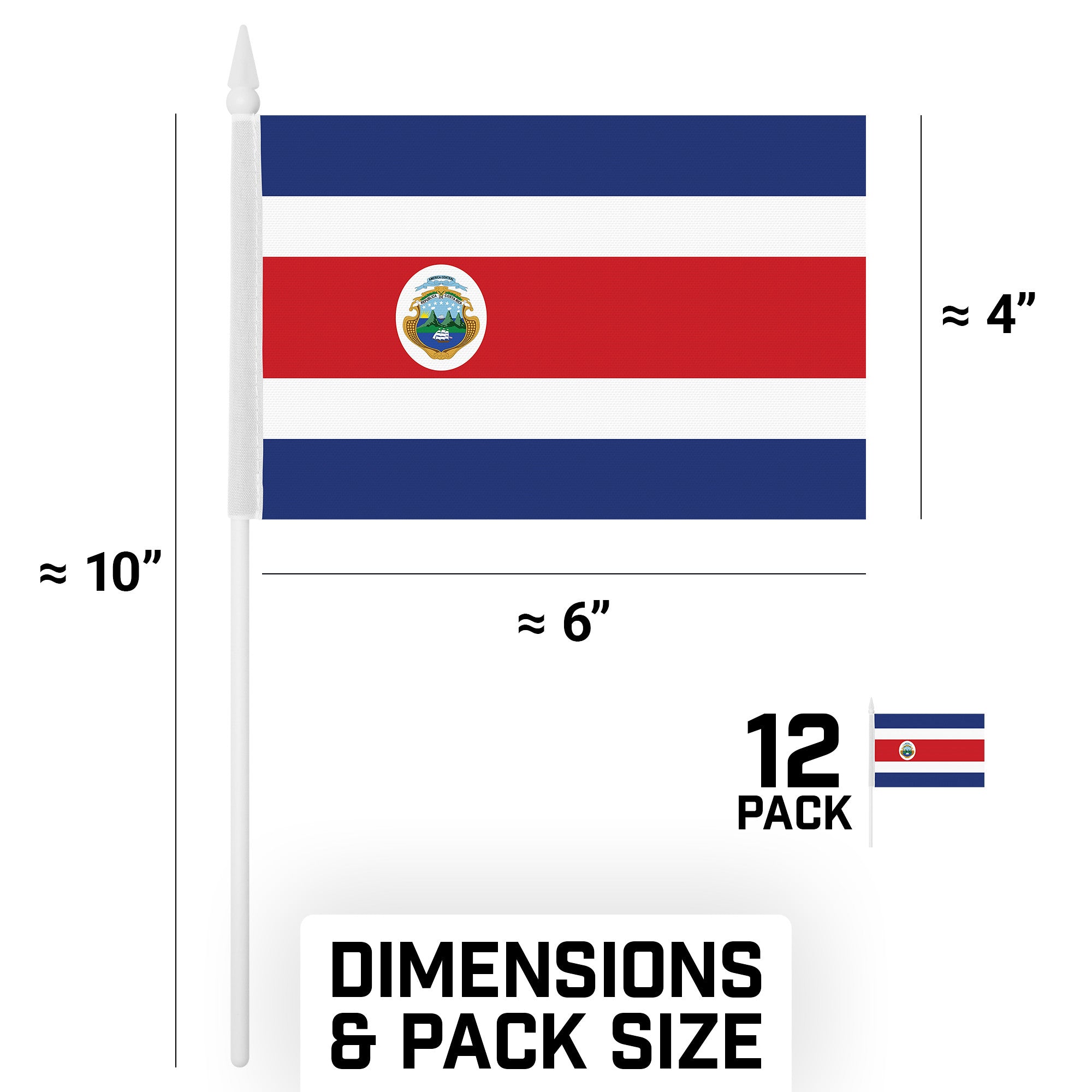 G128 12 Pack Handheld Costa Rica Costa Rican Stick Flags | 4x6 In | Printed 150D Polyester, Country Flag, Solid Plastic Stick, Spear White Tip