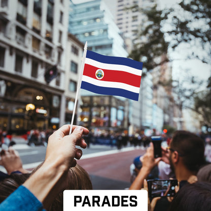 G128 24 Pack Handheld Costa Rica Costa Rican Stick Flags | 4x6 In | Printed 150D Polyester, Country Flag, Solid Plastic Stick, Spear White Tip