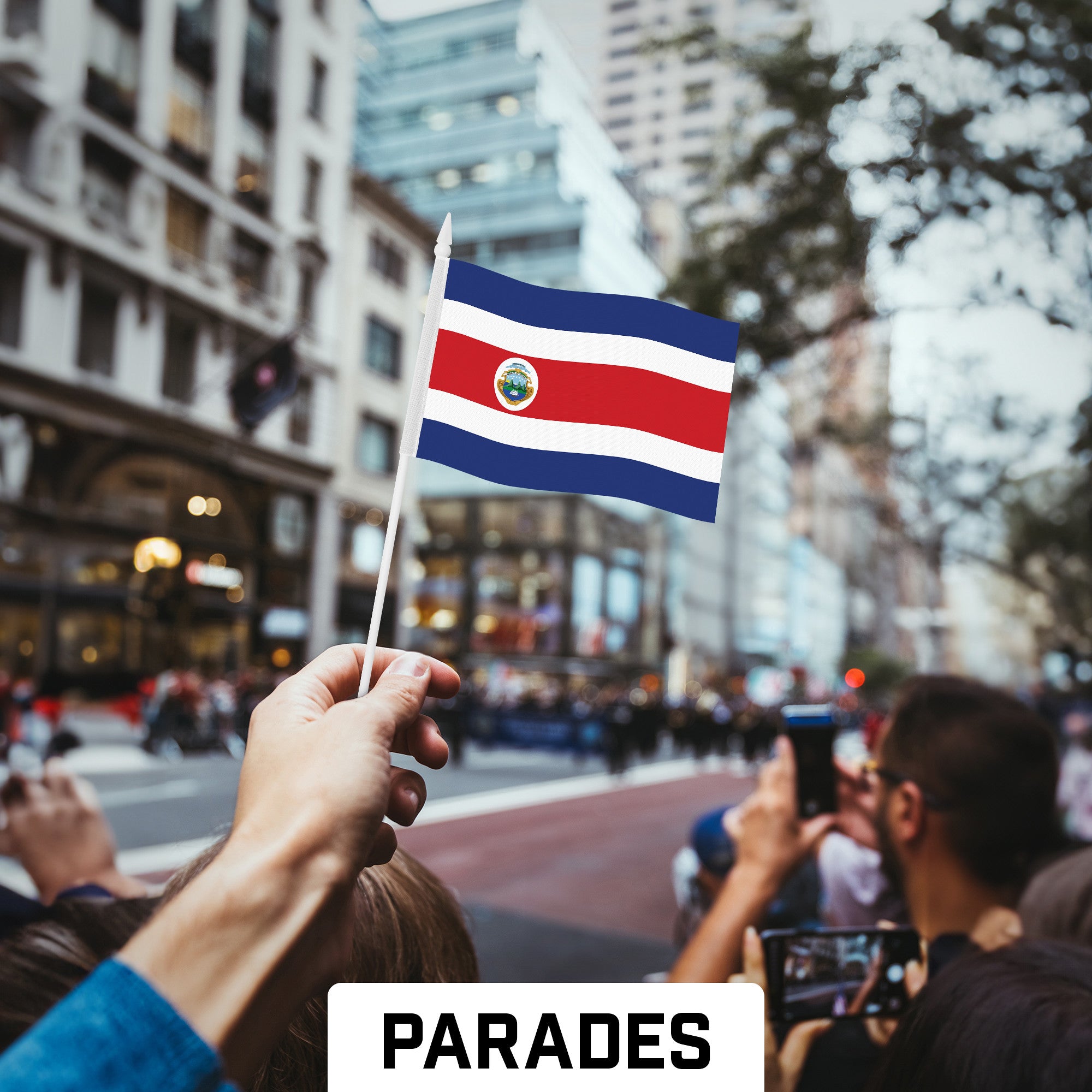G128 30 Pack Handheld Costa Rica Costa Rican Stick Flags | 4x6 In | Printed 150D Polyester, Country Flag, Solid Plastic Stick, Spear White Tip