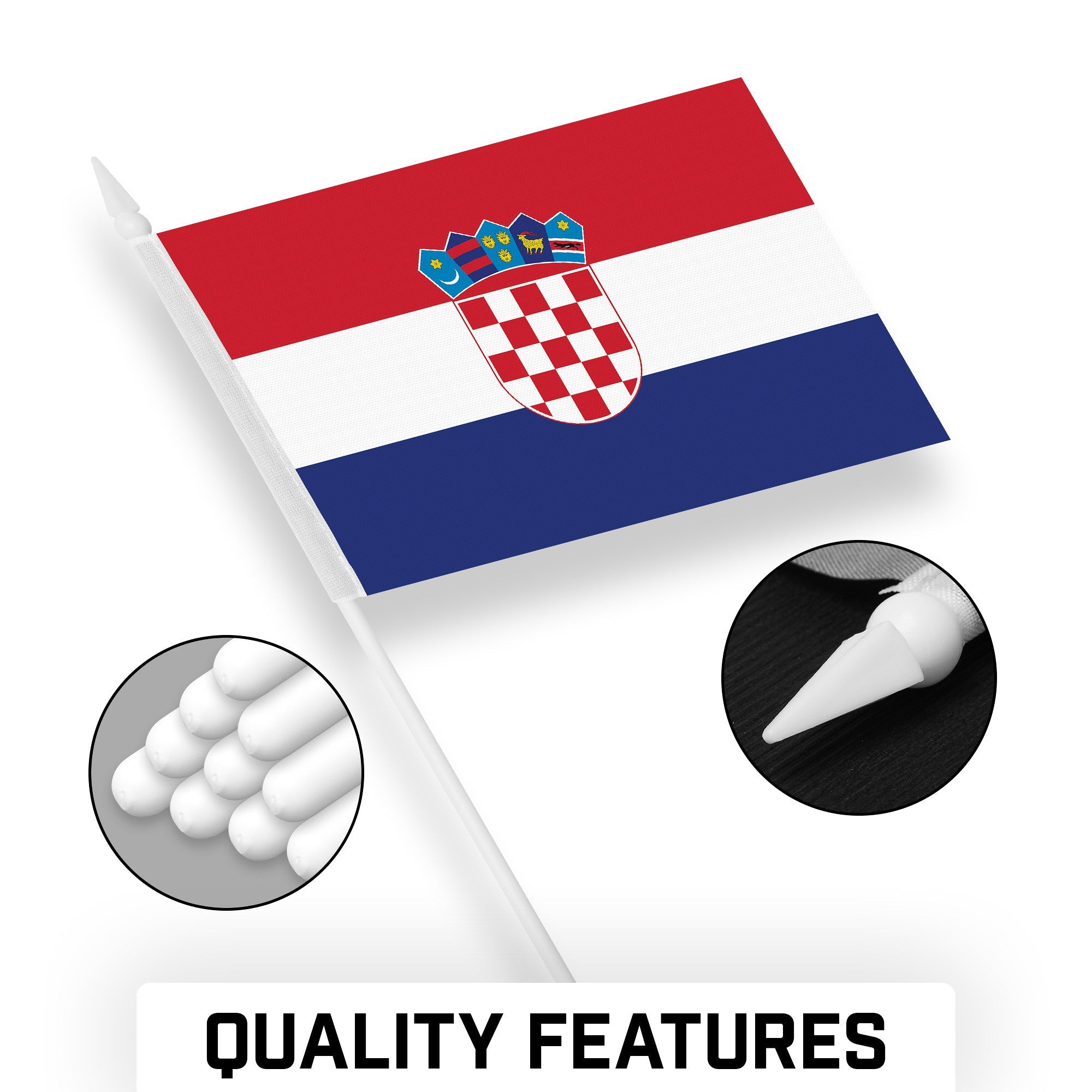 G128 30 Pack Handheld Croatia Croatian Stick Flags | 4x6 In | Printed 150D Polyester, Country Flag, Solid Plastic Stick, Spear White Tip
