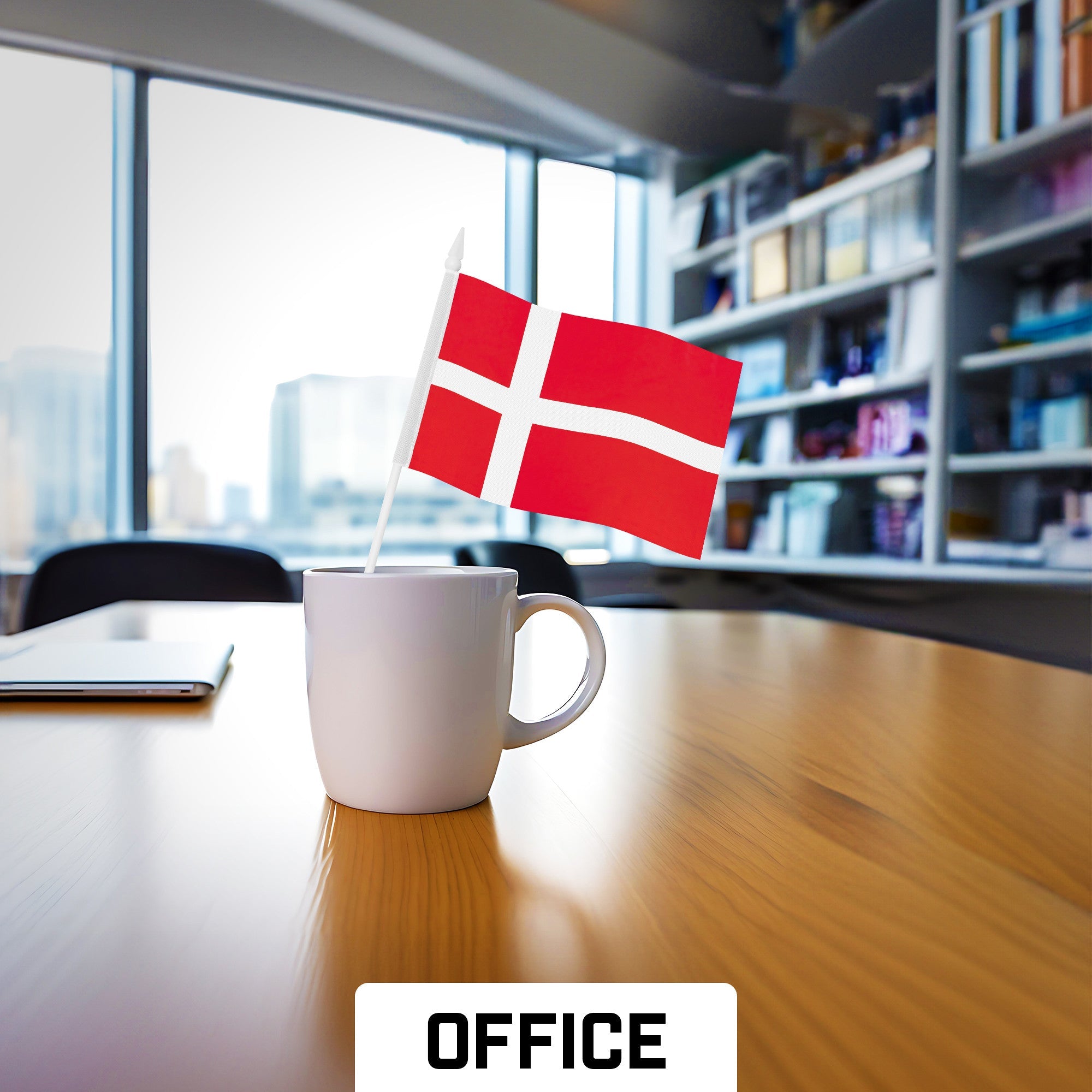 G128 50 Pack Handheld Denmark Danish Stick Flags | 4x6 In | Printed 150D Polyester, Country Flag, Solid Plastic Stick, Spear White Tip