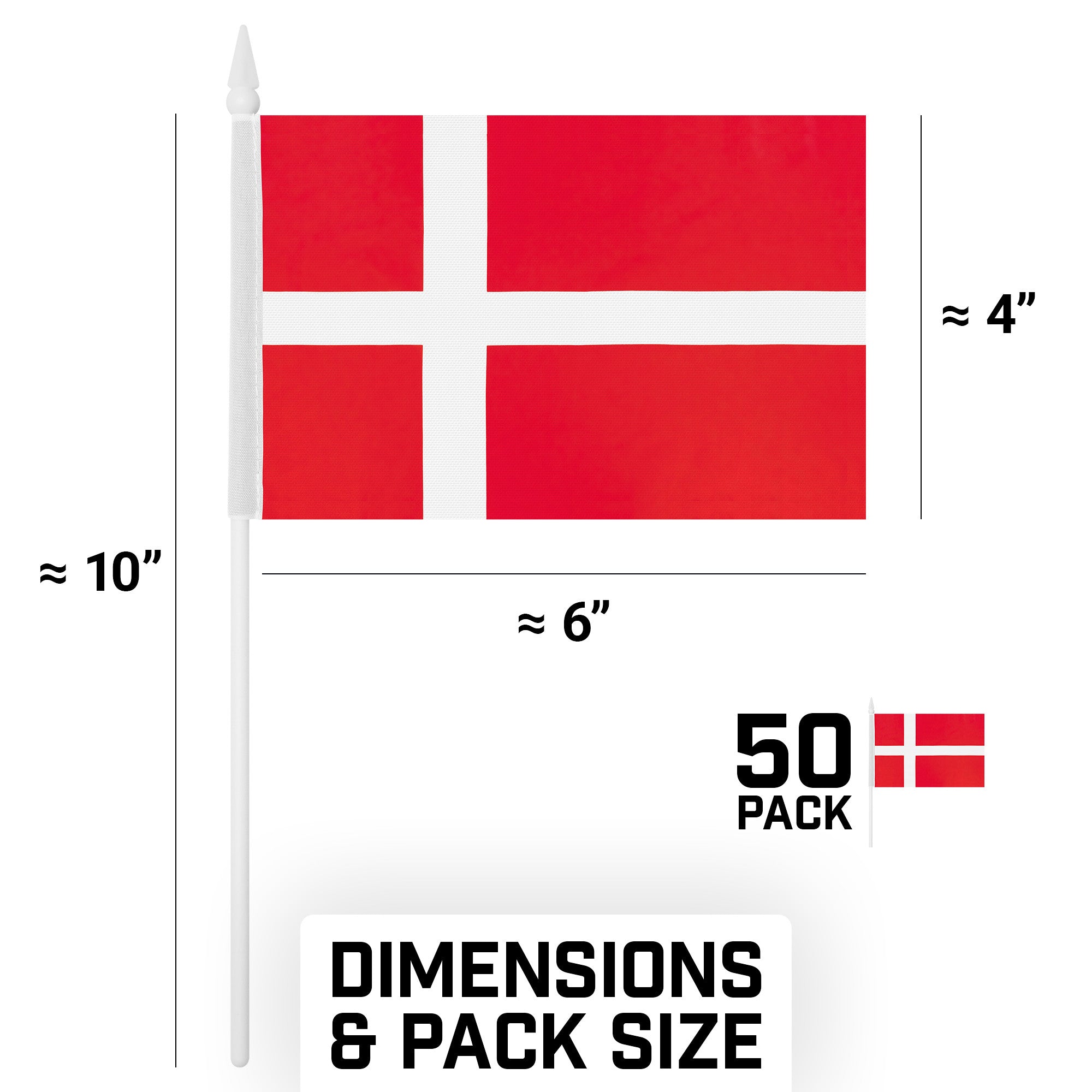 G128 50 Pack Handheld Denmark Danish Stick Flags | 4x6 In | Printed 150D Polyester, Country Flag, Solid Plastic Stick, Spear White Tip