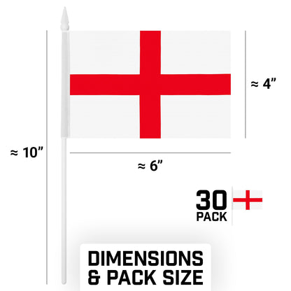 G128 30 Pack Handheld England English Stick Flags | 4x6 In | Printed 150D Polyester, Country Flag, Solid Plastic Stick, Spear White Tip