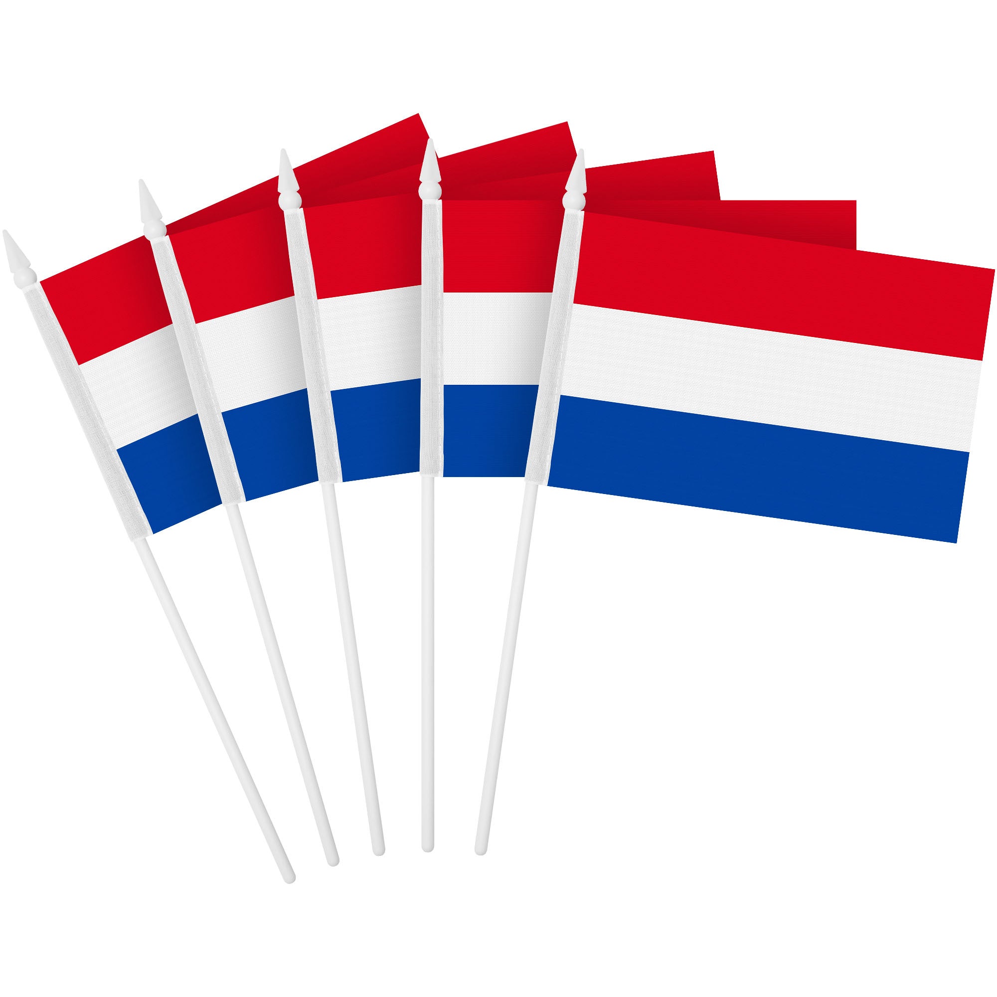 G128 12 Pack Handheld Netherlands Dutch Stick Flags | 4x6 In | Printed 150D Polyester, Country Flag, Solid Plastic Stick, Spear White Tip