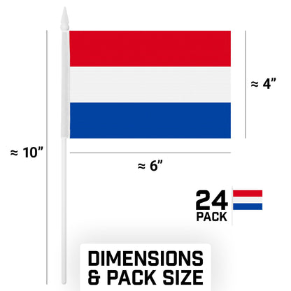 G128 24 Pack Handheld Netherlands Dutch Stick Flags | 4x6 In | Printed 150D Polyester, Country Flag, Solid Plastic Stick, Spear White Tip