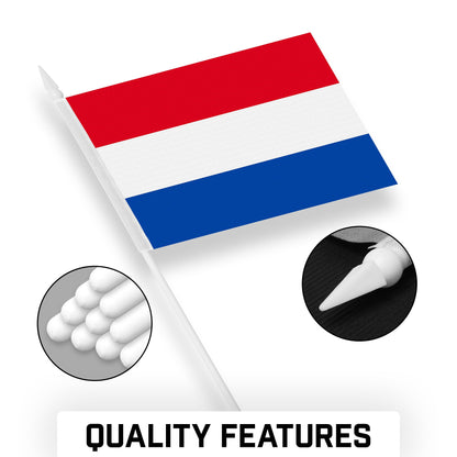 G128 24 Pack Handheld Netherlands Dutch Stick Flags | 4x6 In | Printed 150D Polyester, Country Flag, Solid Plastic Stick, Spear White Tip