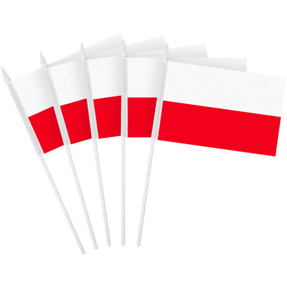 G128 12 Pack Handheld Poland Polish Stick Flags | 4x6 In | Printed 150D Polyester, Country Flag, Solid Plastic Stick, Spear White Tip