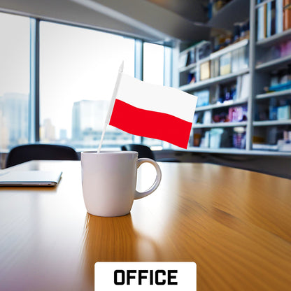 G128 12 Pack Handheld Poland Polish Stick Flags | 4x6 In | Printed 150D Polyester, Country Flag, Solid Plastic Stick, Spear White Tip