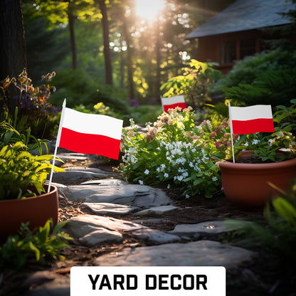 G128 50 Pack Handheld Poland Polish Stick Flags | 4x6 In | Printed 150D Polyester, Country Flag, Solid Plastic Stick, Spear White Tip