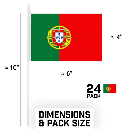 G128 24 Pack Handheld Portugal Portuguese Stick Flags | 4x6 In | Printed 150D Polyester, Country Flag, Solid Plastic Stick, Spear White Tip