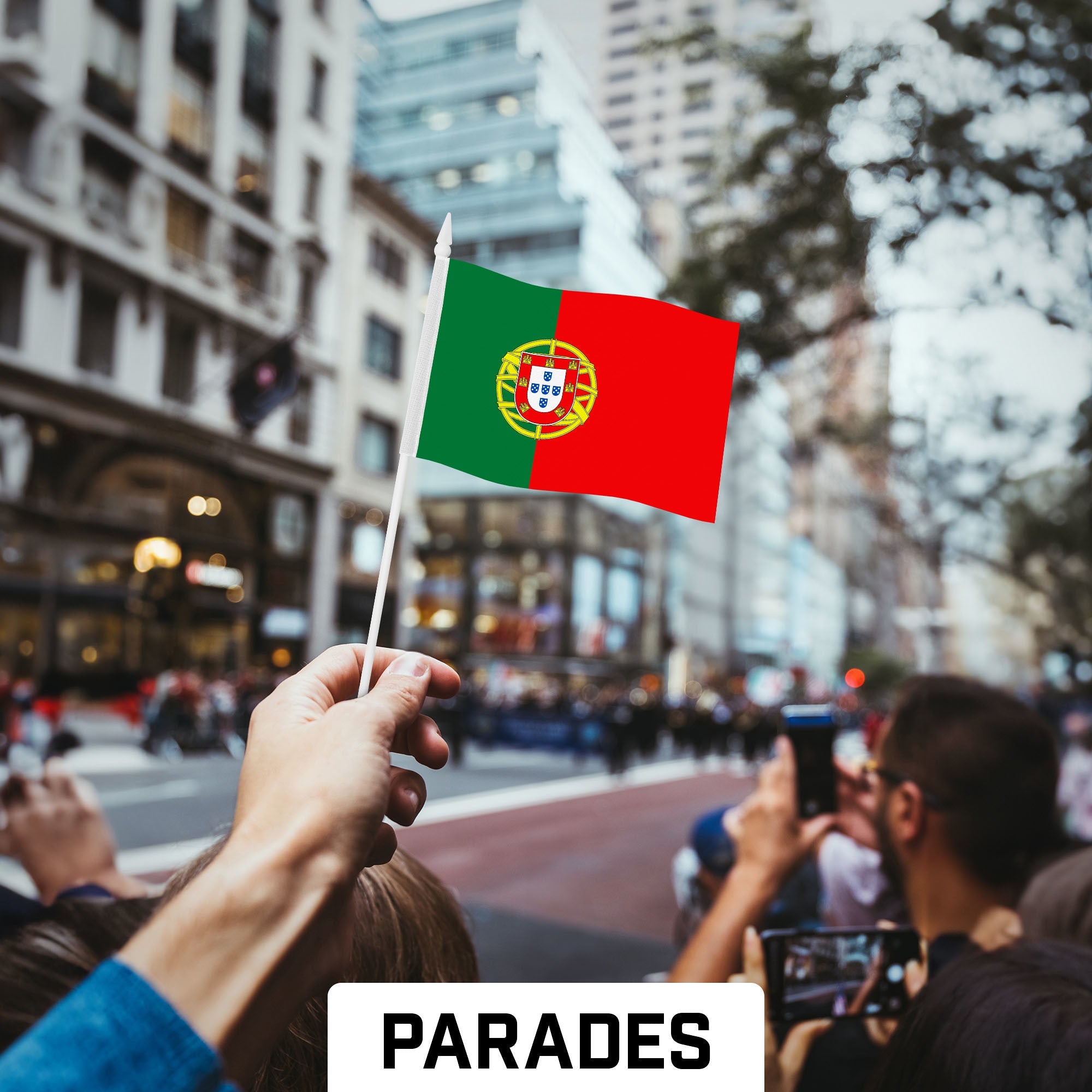 G128 50 Pack Handheld Portugal Portuguese Stick Flags | 4x6 In | Printed 150D Polyester, Country Flag, Solid Plastic Stick, Spear White Tip