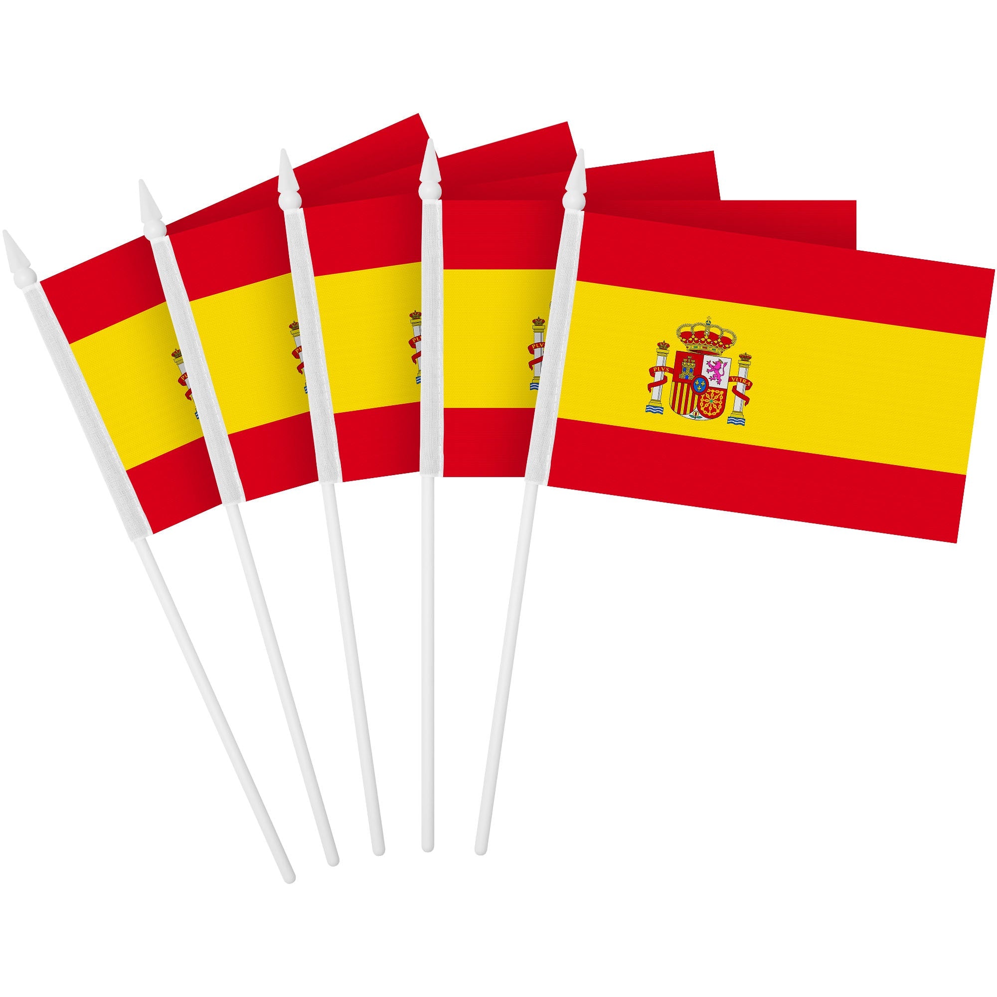 G128 50 Pack Handheld Spain Spanish Stick Flags | 4x6 In | Printed 150D Polyester, Country Flag, Solid Plastic Stick, Spear White Tip