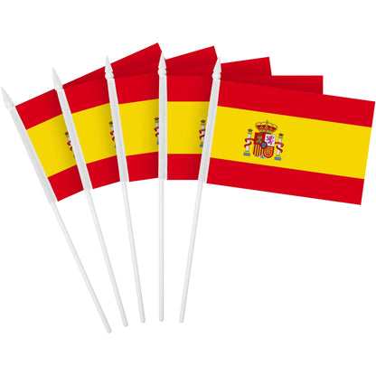 G128 24 Pack Handheld Spain Spanish Stick Flags | 4x6 In | Printed 150D Polyester, Country Flag, Solid Plastic Stick, Spear White Tip