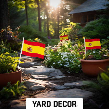 G128 50 Pack Handheld Spain Spanish Stick Flags | 4x6 In | Printed 150D Polyester, Country Flag, Solid Plastic Stick, Spear White Tip