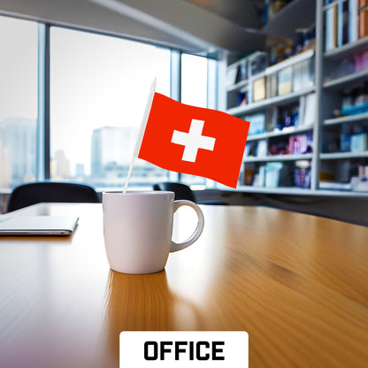 G128 24 Pack Handheld Switzerland Swiss Stick Flags | 4x6 In | Printed 150D Polyester, Country Flag, Solid Plastic Stick, Spear White Tip