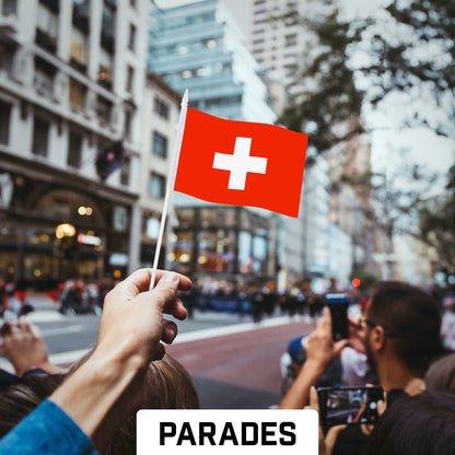G128 12 Pack Handheld Switzerland Swiss Stick Flags | 4x6 In | Printed 150D Polyester, Country Flag, Solid Plastic Stick, Spear White Tip