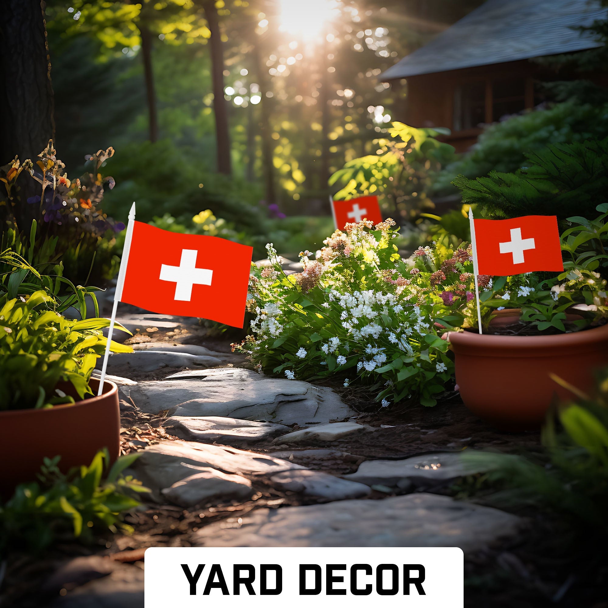G128 30 Pack Handheld Switzerland Swiss Stick Flags | 4x6 In | Printed 150D Polyester, Country Flag, Solid Plastic Stick, Spear White Tip