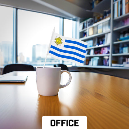 G128 30 Pack Handheld Uruguay Uruguayan Stick Flags | 4x6 In | Printed 150D Polyester, Country Flag, Solid Plastic Stick, Spear White Tip
