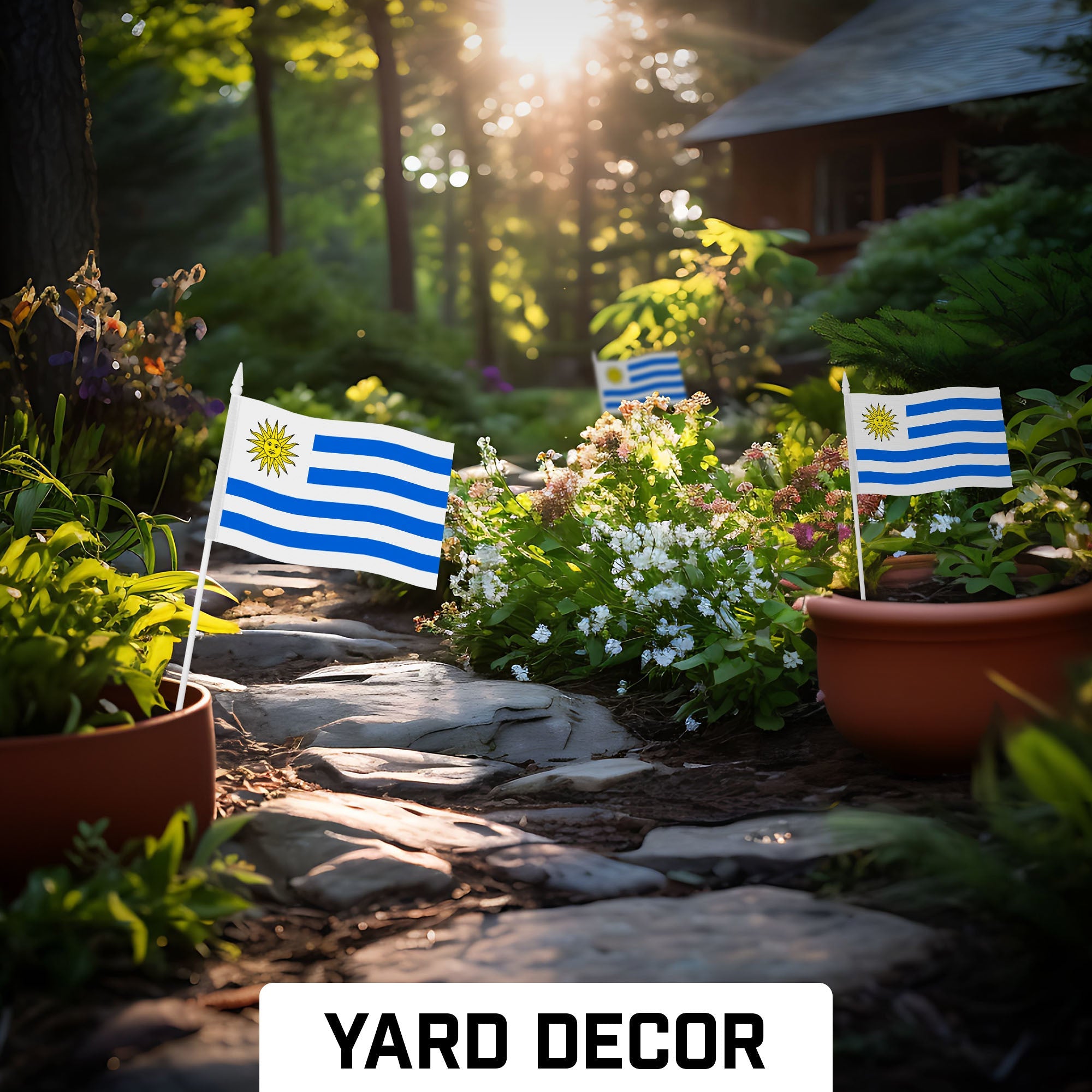 G128 24 Pack Handheld Uruguay Uruguayan Stick Flags | 4x6 In | Printed 150D Polyester, Country Flag, Solid Plastic Stick, Spear White Tip