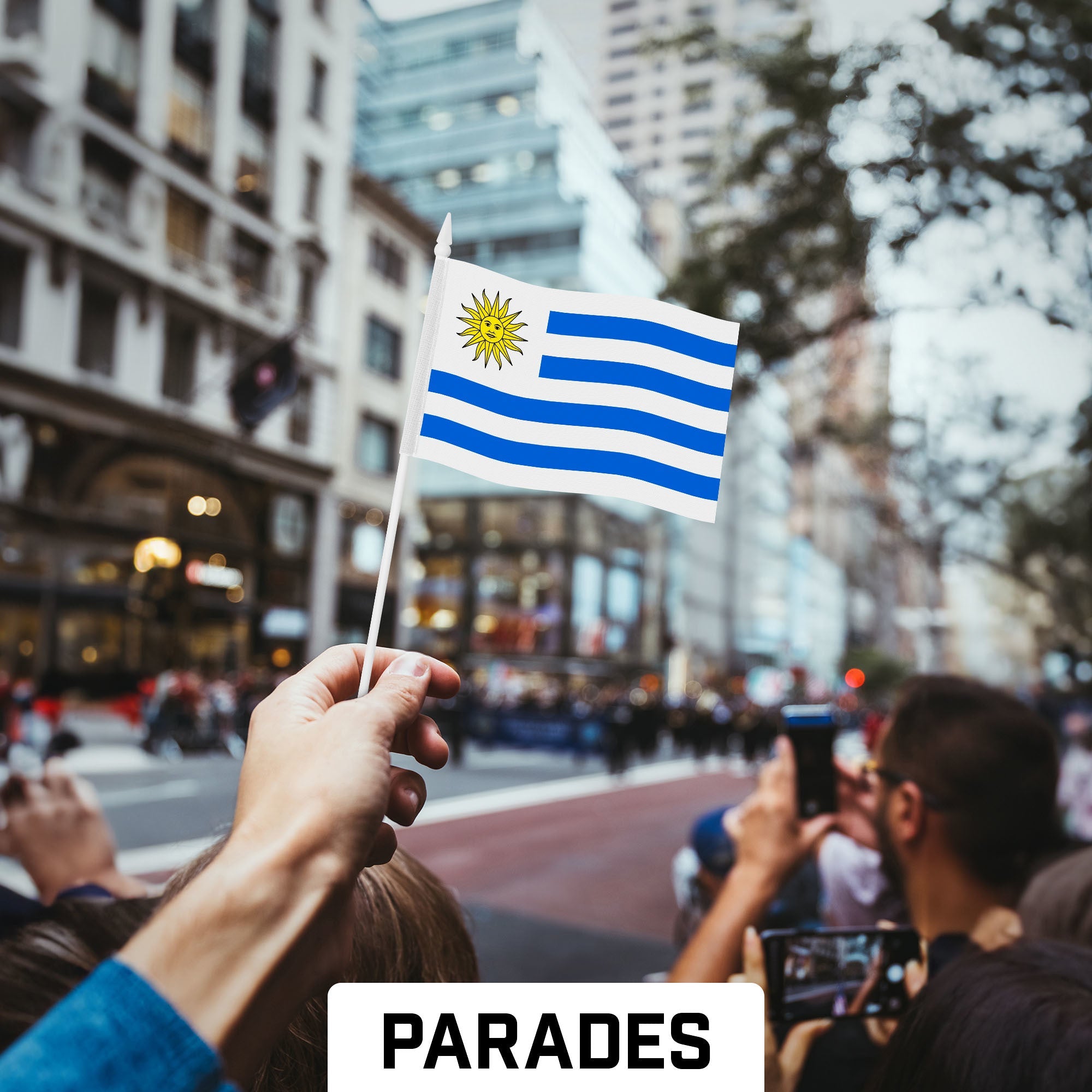 G128 24 Pack Handheld Uruguay Uruguayan Stick Flags | 4x6 In | Printed 150D Polyester, Country Flag, Solid Plastic Stick, Spear White Tip