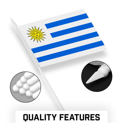 G128 50 Pack Handheld Uruguay Uruguayan Stick Flags | 4x6 In | Printed 150D Polyester, Country Flag, Solid Plastic Stick, Spear White Tip