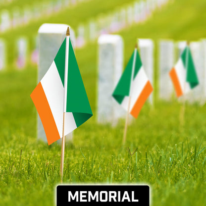 G128 30 Pack Handheld Ireland Irish Stick Flags | 12x18 In | Printed 150D Polyester, Country Flag, Solid Wooden Stick, Spear Gold Tip