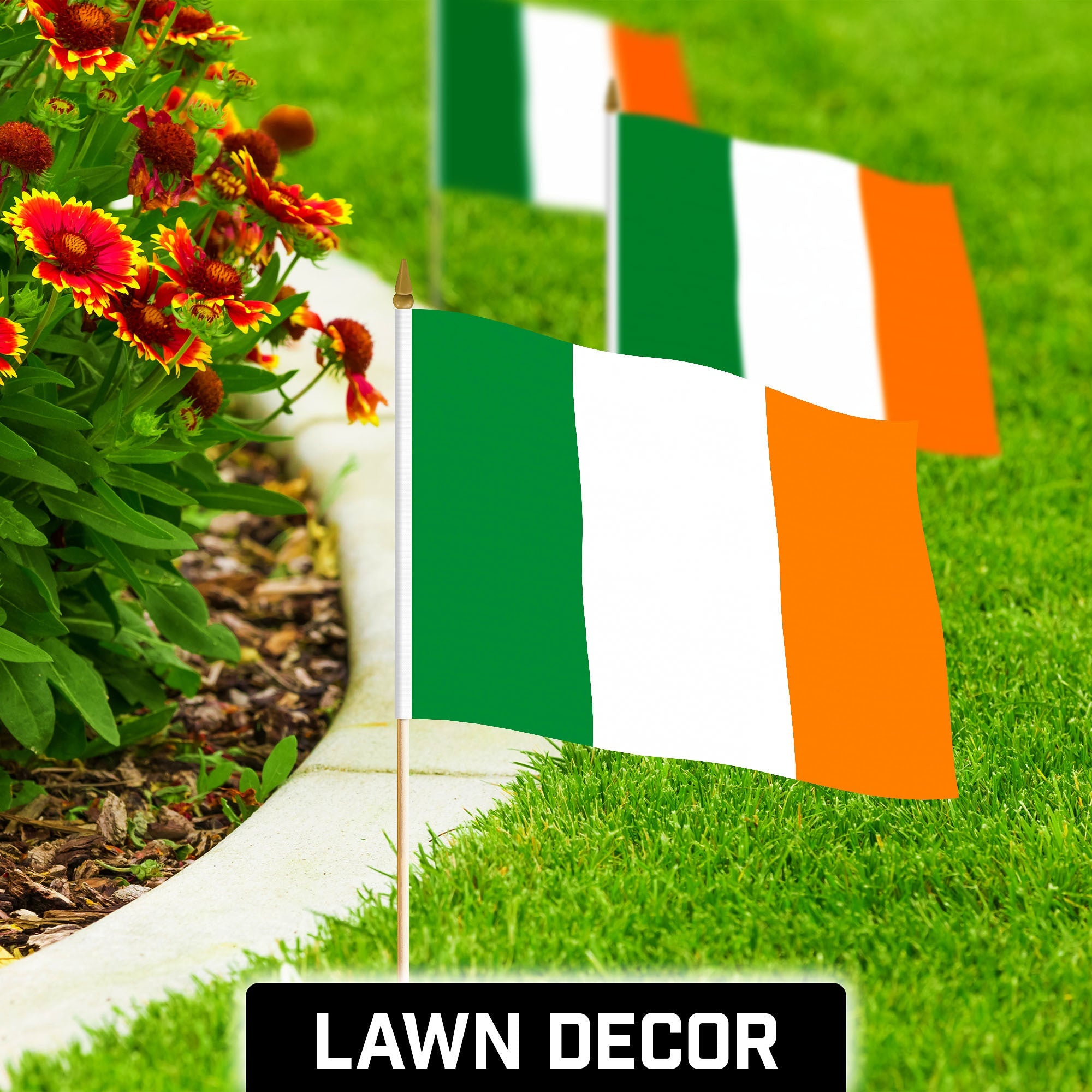 G128 30 Pack Handheld Ireland Irish Stick Flags | 12x18 In | Printed 150D Polyester, Country Flag, Solid Wooden Stick, Spear Gold Tip