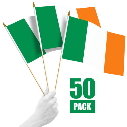 G128 50 Pack Handheld Ireland Irish Stick Flags | 12x18 In | Printed 150D Polyester, Country Flag, Solid Wooden Stick, Spear Gold Tip