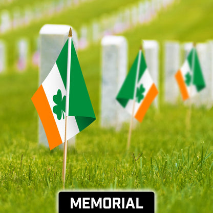 G128 12 Pack Handheld Ireland Shamrock Irish Stick Flags | 12x18 In | Printed 150D Polyester, Country Flag, Solid Wooden Stick, Spear Gold Tip