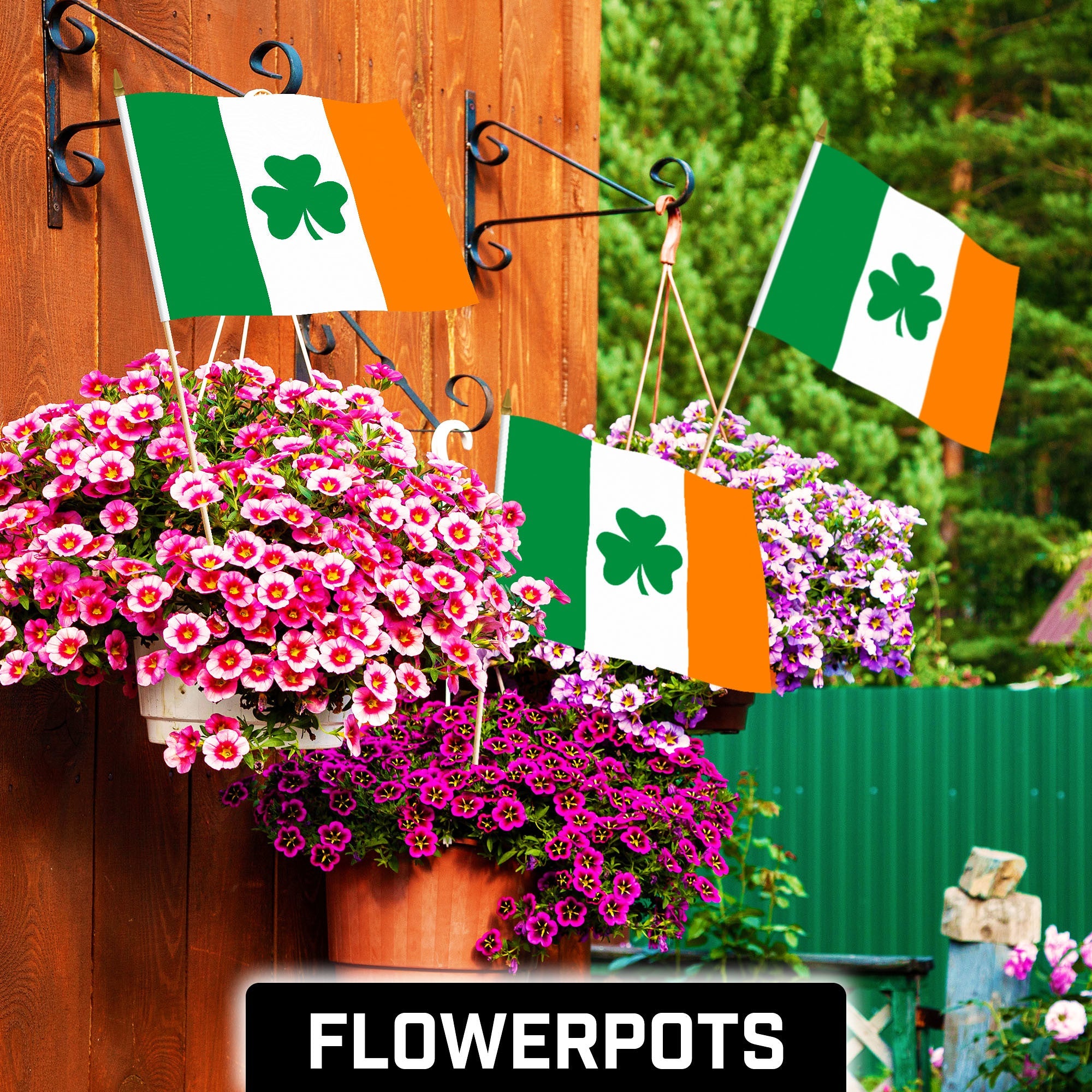 G128 50 Pack Handheld Ireland Shamrock Irish Stick Flags | 12x18 In | Printed 150D Polyester, Country Flag, Solid Wooden Stick, Spear Gold Tip