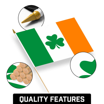 G128 12 Pack Handheld Ireland Shamrock Irish Stick Flags | 12x18 In | Printed 150D Polyester, Country Flag, Solid Wooden Stick, Spear Gold Tip