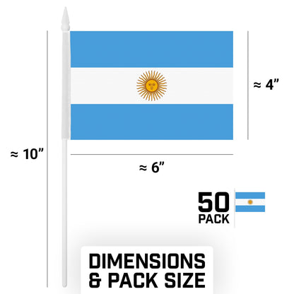 50 Pack Handheld Argentina Argentinian Stick Flags | 4x6 In | Printed 150D Polyester, Country Flag, Solid Plastic Stick, Spear White Tip