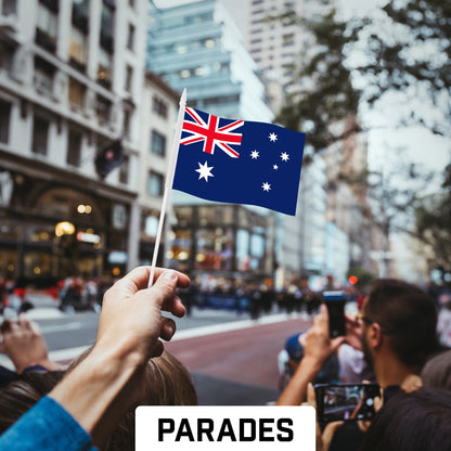 30 Pack Handheld Australia Australian Stick Flags | 4x6 In | Printed 150D Polyester, Country Flag, Solid Plastic Stick, Spear White Tip