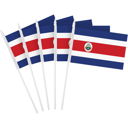 G128 24 Pack Handheld Costa Rica Costa Rican Stick Flags | 4x6 In | Printed 150D Polyester, Country Flag, Solid Plastic Stick, Spear White Tip