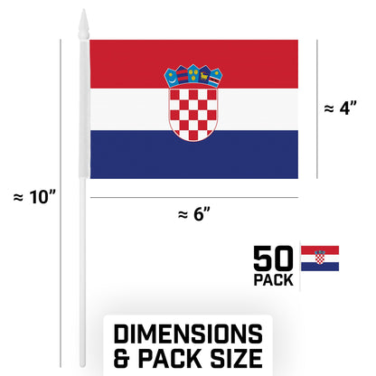 G128 50 Pack Handheld Croatia Croatian Stick Flags | 4x6 In | Printed 150D Polyester, Country Flag, Solid Plastic Stick, Spear White Tip