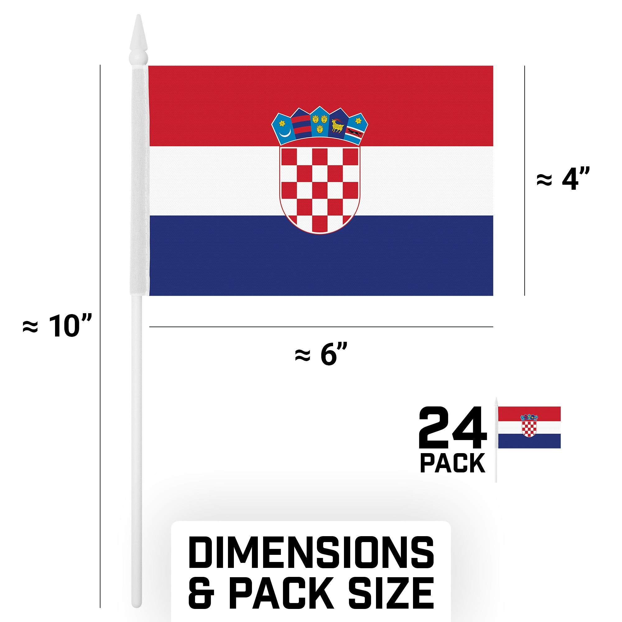G128 24 Pack Handheld Croatia Croatian Stick Flags | 4x6 In | Printed 150D Polyester, Country Flag, Solid Plastic Stick, Spear White Tip