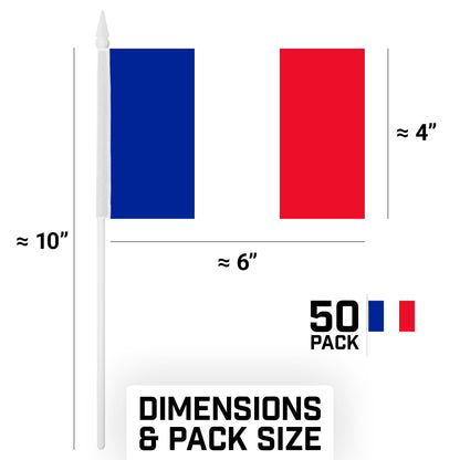 G128 50 Pack Handheld France French Stick Flags | 4x6 In | Printed 150D Polyester, Country Flag, Solid Plastic Stick, Spear White Tip