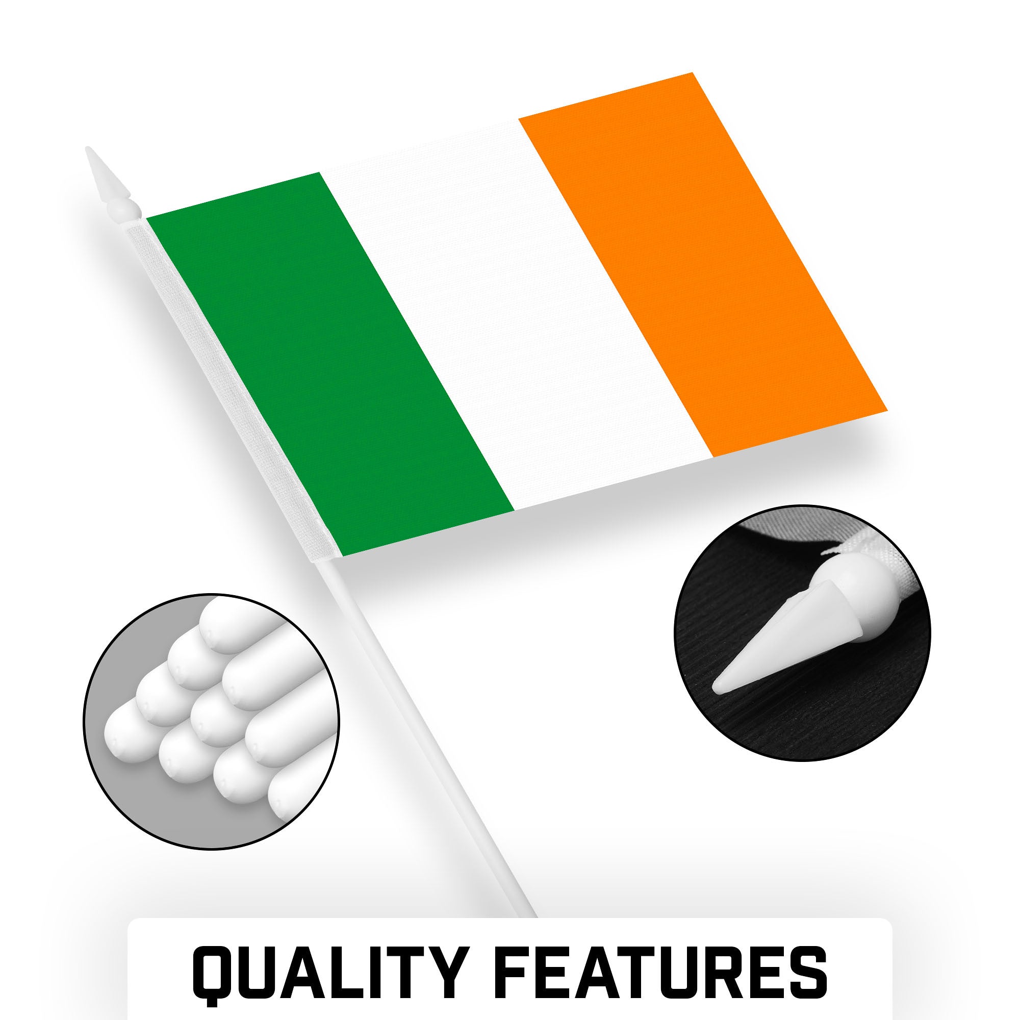 G128 30 Pack Handheld Ireland Irish Stick Flags | 4x6 In | Printed 150D Polyester, Country Flag, Solid Plastic Stick, Spear White Tip
