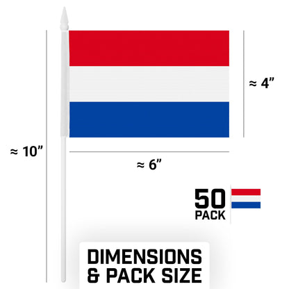 G128 50 Pack Handheld Netherlands Dutch Stick Flags | 4x6 In | Printed 150D Polyester, Country Flag, Solid Plastic Stick, Spear White Tip