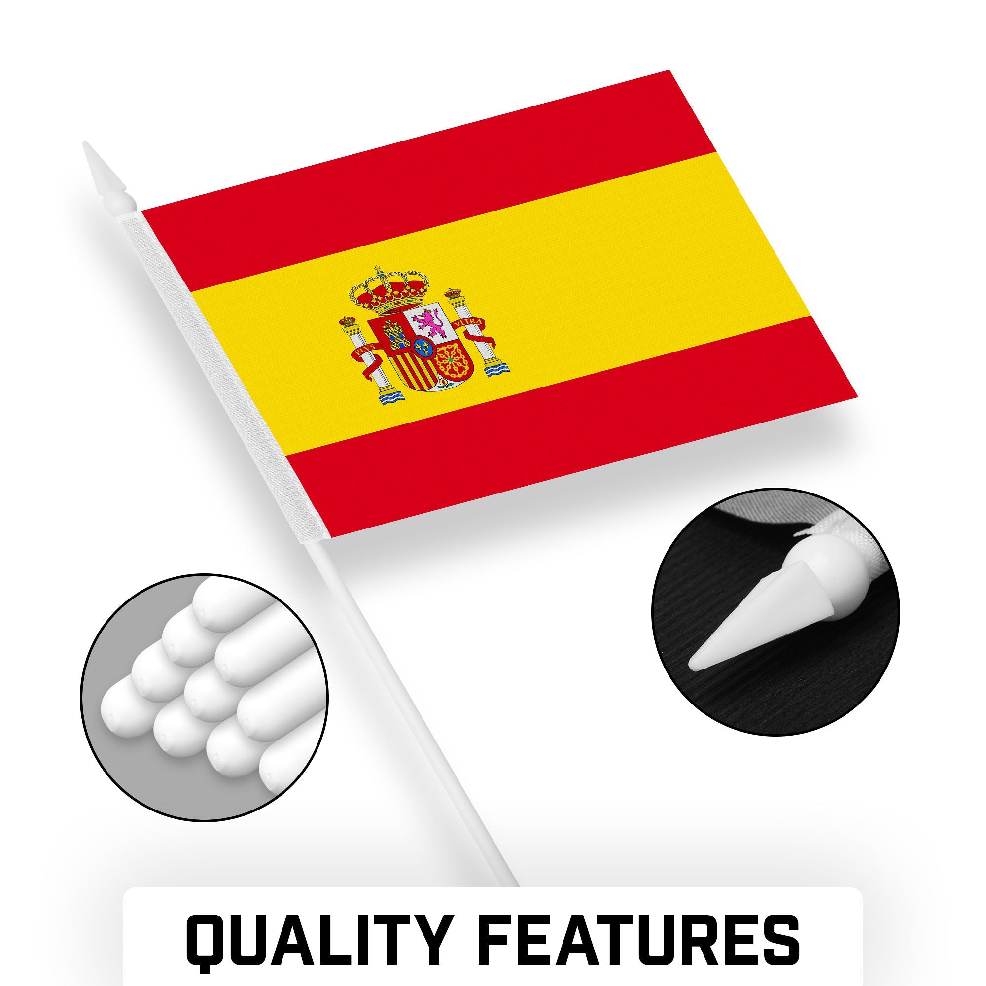 G128 24 Pack Handheld Spain Spanish Stick Flags | 4x6 In | Printed 150D Polyester, Country Flag, Solid Plastic Stick, Spear White Tip