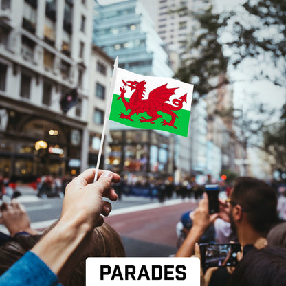 G128 12 Pack Handheld Wales Welsh Stick Flags | 4x6 In | Printed 150D Polyester, Country Flag, Solid Plastic Stick, Spear White Tip