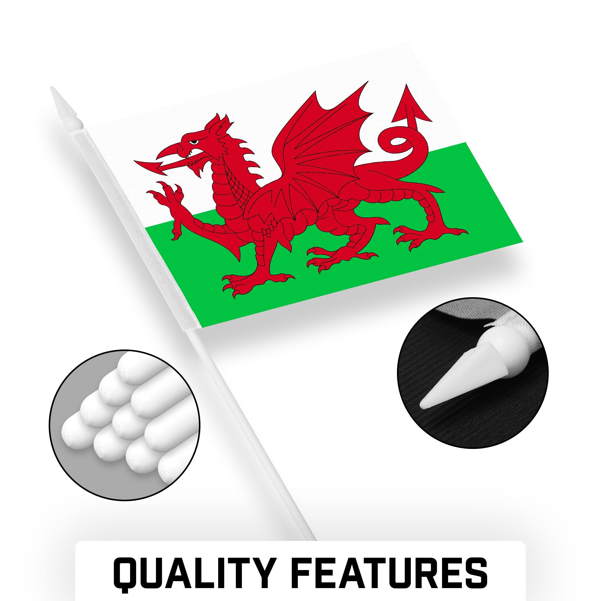 G128 50 Pack Handheld Wales Welsh Stick Flags | 4x6 In | Printed 150D Polyester, Country Flag, Solid Plastic Stick, Spear White Tip